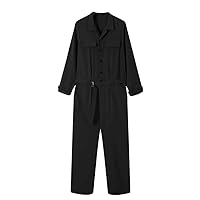 Men Jumpsuits Solid Lapel Long Sleeve Button Cargo Overalls Pockets Streetwear Casual Rompers With Belt