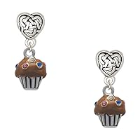 Silvertone Small Cupcake with Crystal Sprinkles - Silvertone Celtic Knot Heart Post Earrings