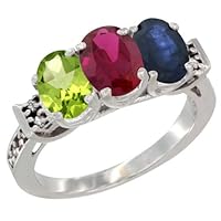 Silver City Jewelry 14K White Gold Natural Peridot, Enhanced Ruby & Natural Blue Sapphire Ring 3-Stone Oval 7x5 mm Diamond Accent, Sizes 5-10