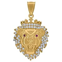 10k Yellow Gold Mens Pink CZ Cubic Zirconia Simulated Diamond Zodiac Sign Leo Lion Head Crown Charm Pendant Necklace Jewelry for Men