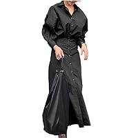 Female A Line Robe Solid Lapel Women Casual Long Sleeve Dresses Elegant Shirt Dress Oversized
