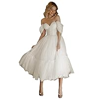 Women's Off Shoulder Tulle Prom Dresses Sweetheart Princess Dress Puffy Ruffles Evening Gowns Tea Length