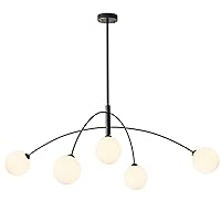 Mid Century Chandelier Black Ceiling Light 5 Light Sputnik Light Fixture with White Glass Globe Adjustable Modern Sputnik Chandelier for Dining Room Kitchen Bedroom…