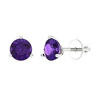 2.0 ct Round Cut Conflict Free Solitaire Natural Amethyst Designer 3 prong Stud Martini Earrings 14k White Gold Screw Back
