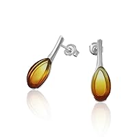 Small Tear drop shape Post Earrings with Sunrise Color Baltic Amber in Sterling Silver