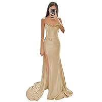 Satin Mermaid Prom Dresses for Women Strapless Sweetheat Ruched Long Formal Evening Party Gowns with Slit
