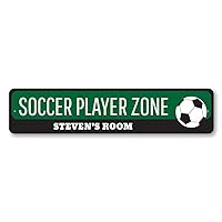 Soccer Player Zone Sign, Soccer Lover Kid Bedroom Sign, Custom Soccer Ball Child Name Room Aluminum Decor - 6 x 24