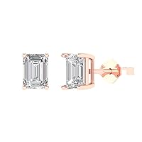 2.0 ct Brilliant Emerald Cut Solitaire VVS1 Moissanite Pair of Stud Earrings Solid 18K Pink Rose Gold Butterfly Push Back