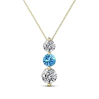 Round Blue Topaz Diamond 7/8 ctw Graduated Three Stone Drop Pendant 16 Inches Chain 14K Gold