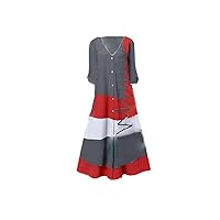 V-Neck Short Sleeved Printed Long Dress Button Casual Dress