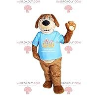Fun brown dog REDBROKOLY Mascot with his blue t-shirt