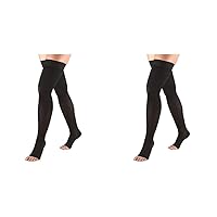 Truform 20-30mmHg Compression Stockings Thigh High Black Dot-Top Open Toe for Men and Women Medium and Large