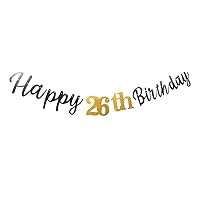 Happy 26th Birthday Banner Decoration, Black and Gold Happy 26th Birthday Banner Sign, 26th Birthday Party Decorations Supplies Pre-Strung