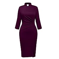 BLESSUME Catholic Church Women Clergy Tab Collar Dress 3/4 Sleeve Ruched Elegant Business Pencil Sheath Dress