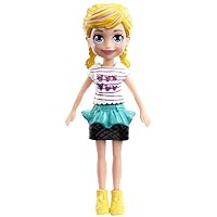 Polly Pocket Collectible Doll ~ Polly Wearing Teal and Black Skirt, Pink and White Heart Shirt and Yellow Boots ~ 3 1/2