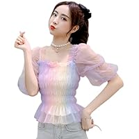 Rainbow Tulle Blouse | Women Sheer Gradient Ombre Ruffle Tulle Summer Top Tunic Shirt #303