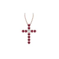 14k Rose Gold timeless cross pendant set with 10 round red ruby stones (1/4 ct, AA Quality) encompassing 1 round white diamond, (.035ct, H-I Color, I1 Clarity), dangling on a 18