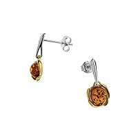 Small flower Earrings push back with Cognac Color Baltic Amber in Yellow Gold-Plated Sterling Silver