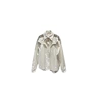 Shiny Rhinestone Beaded Shirts Womens Loose White Spring Long Sleeve Lapel Blouses Ladies Tops Outwear