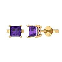 1.0 ct Princess Cut Solitaire Real Amethyst Pair of Stud Everyday Earrings Solid 18K Yellow Gold Butterfly Push Back
