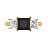 2.97ct Princess Cut 3 Stone Solitaire with Accent Natural Black Onyx designer Modern Statement Ring Solid 14k Yellow Gold