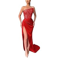 Glitter Sequin Prom Dresses 2022 Mermaid Slit Satin Evening Dress Sparkly Stretch Formal Wedding Gown with Train DR0076