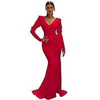 Womens Fall Fashion 2022 Plunging Neck Gigot Sleeve Mermaid Prom Dress (Color : Red, Size : Large)