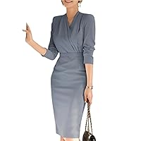 Women Office Dress Autumn Elegant Suit Long Sleeve Pleated Sundress Casual Belted Solid Color