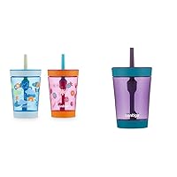 Contigo Kids 14oz Spill-Proof Tumblers with Straw, 2-Pack Dragonfruit Wildflowers & Blue Poppy Clouds and Eggplant