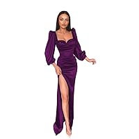 Long Sleeve Satin Prom-Dresses-Long Square Neck Mermaid Slit Evening Gowns