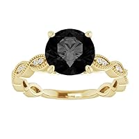 1.50 CT Art Deco Black Diamond Engagement Ring 14k Yellow Gold, Scalloped Round Black Onyx Ring, Milgrain Black Diamond Ring, Black Vintage Ring, Precious Ring For Her