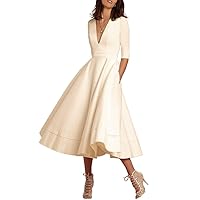Little White Dresses 1950s Vintage Retro Style Rockabilly v Neck Tea Length Satin Pinup Party Dress