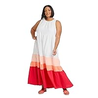 Women's Plus Size Sleeveless Colorblock Tiered Dress - (White, X)