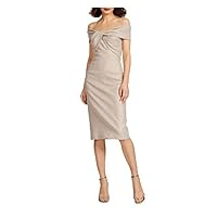 Womens Beige Twist Front Zippered Slitted Short Sleeve Off Shoulder Mini Formal Sheath Dress 8