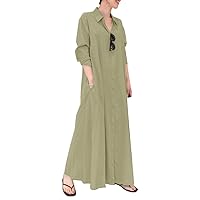 Women's Loose Fit Long Sleeve Button Up Maxi Shirt Dress with Pockets Abaya Dresses