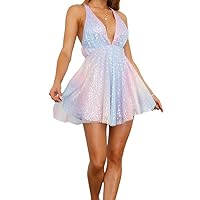 Argeousgor Womens Tassel Sequin Dress Spaghetti Strap Backless Tassel Mini Dress Sparkly Evening Party Dress Dance Dress