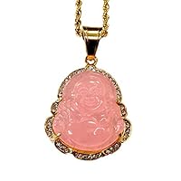 Iced Laughing Buddha Pink Jade Pendant Necklace Rope Chain Genuine Certified Grade A Jadeite Jade Hand Crafted, Jade Necklace, 14k Gold Filled Laughing Jade Buddha Necklace, Silver Jade Medallion, Fast Prime Shipping