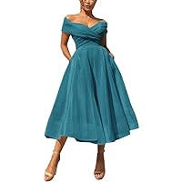 Off Shoulder Prom Dresses for Women Tulle Wedding Dresses A Line Evening Elegant Party Dress with Pockets Peacock Size 4