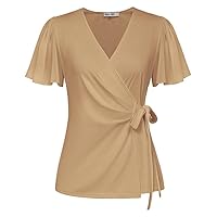 GRACE KARIN 2024 Womens Summer Short Sleeve Tops Dressy Casual Chiffon V-Neck Wrap Business Work Cute Fitted Blouses