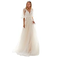 V Neck Wedding Dresses for Bride Lace Appliques Bridal Gown A Line Backless Ball Gowns Boho Beach Wedding Dress