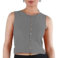 Readymade Indian Stylist Cotton Saree Blouse for Women Stitched, Blouse Top Boat Neck, Sleeveless, Front Open