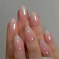 Pink Press on Nails Short, Luxury Fake Nails Amlond Acrylic False Bling Gradient Nails, Artificial Nails for Women and Girls,24pcs