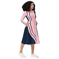 Navy Pink Block Strip Color All-Over Print Long Sleeve midi Dress