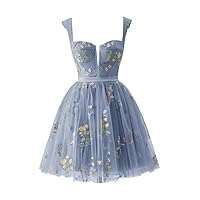 Flower Embroidery Tulle Prom Dresses 2024 Spaghetti Strap Short Homecoming Dresses V Neck A-line Formal Evening Party Gown