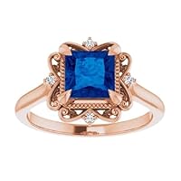 Vintage Square Blue Sapphire Engagement Ring 10k Rose Gold, Victorian Halo 2 CT Princess Cut Natural Blue Sapphire Diamond Ring, Antique Ring