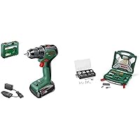 Bosch Home and Garden UniversalDrill Cordless Screwdriver 18V-60 (1 Battery, 18 Volt System, in Case) + Accessory Set X-Line 50Ti plus 173-Piece Fixing Set (for Metal, Stone, Wood, Drill Accessories)