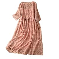 Women Summer Half Sleeve Silk Hemp Embroidery Elegant Vintage Prom Dress Pink