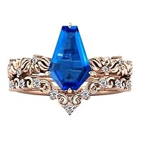 Unique Vine 2.5 CT Leaf Style Blue Sapphire Engagement Ring Set Coffin Shaped Blue Sapphire Wedding Rings Set Art Deco Filigree Wedding Band