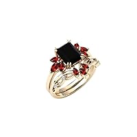 14k Gold Black Onyx 1.00 CT Engagement Ring Set Vintage Art Deco Black Onyx Cluster Wedding Ring Set For Women Red Garnet Gemstone Ring Sets For Her