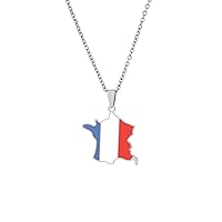 France Map and Flag Pendant Necklace - Retro Drop Oil World Map Clavicle Chain Ethnic Style Unisex Patriotic Charm